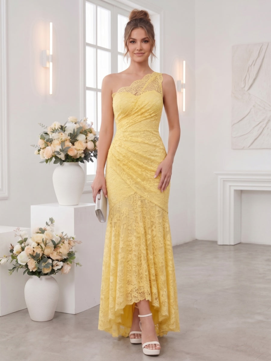Trumpet Mermaid One Shoulder Sleeveless Asymmetrical Bridesmaid Dresses with Lace Applique