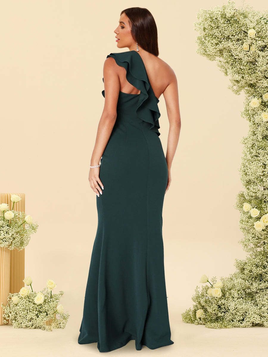 Trumpet Mermaid One Shoulder Sleeveless Floor Length Bridesmaid Dresses With Ruffled