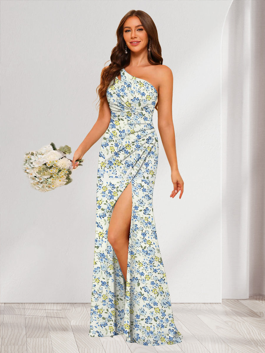 Trumpet Mermaid One Shoulder Sleeveless Split Side Floral Bridesmaid Dresses