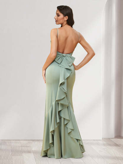 Trumpet Mermaid Spaghetti Straps Floor Length Bridesmaid Dresses With Bowknot Ruffles