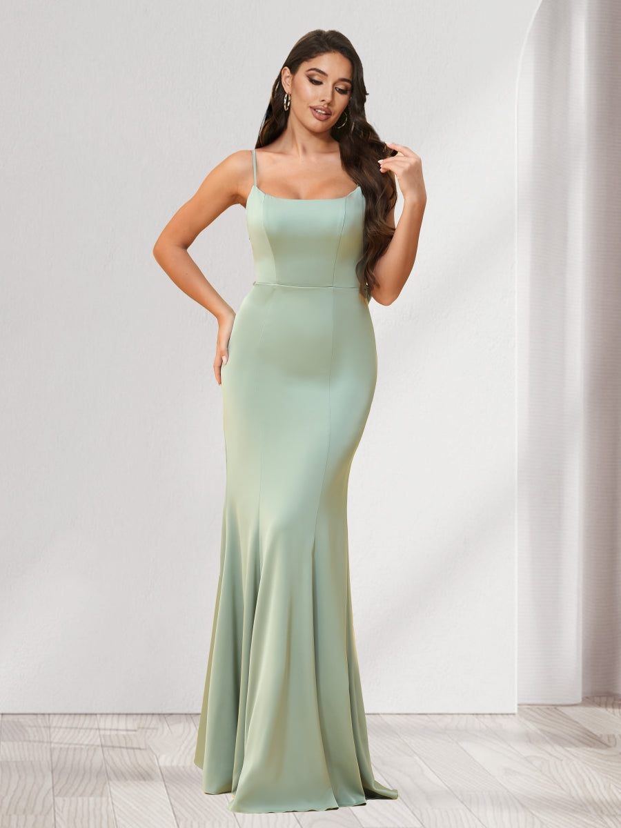 Trumpet Mermaid Spaghetti Straps Floor Length Bridesmaid Dresses With Bowknot Ruffles