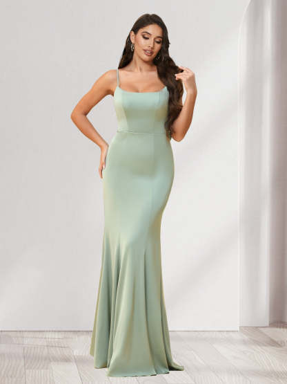 Trumpet Mermaid Spaghetti Straps Floor Length Bridesmaid Dresses With Bowknot Ruffles