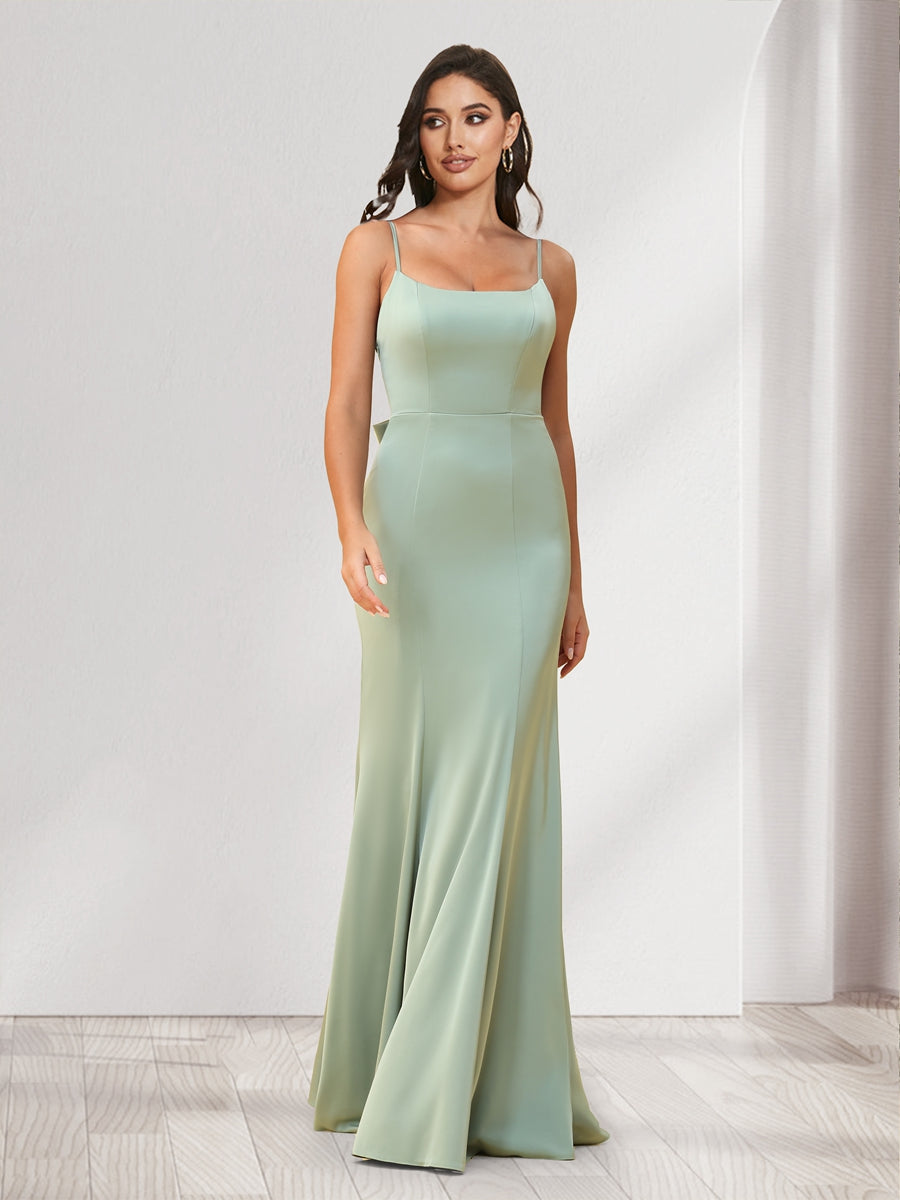 Trumpet Mermaid Spaghetti Straps Floor Length Bridesmaid Dresses With Bowknot Ruffles
