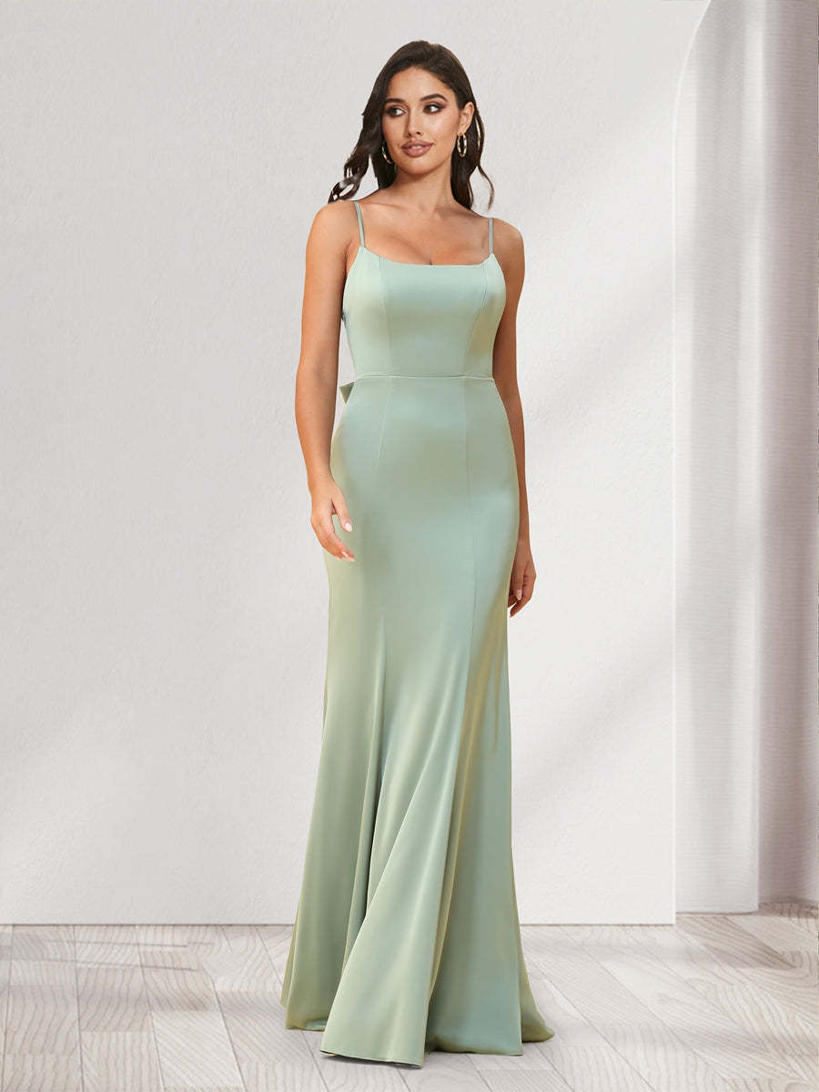 Trumpet Mermaid Spaghetti Straps Floor Length Bridesmaid Dresses With Bowknot Ruffles