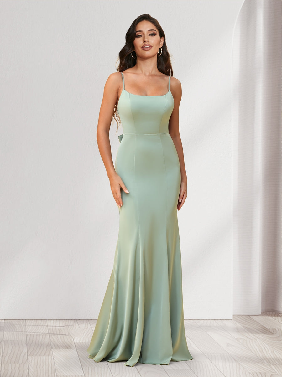 Trumpet Mermaid Spaghetti Straps Floor Length Bridesmaid Dresses With Bowknot Ruffles