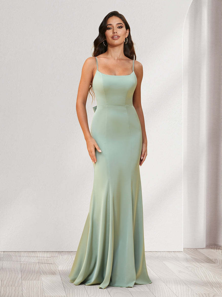 Trumpet Mermaid Spaghetti Straps Floor Length Bridesmaid Dresses With Bowknot Ruffles