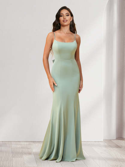 Trumpet Mermaid Spaghetti Straps Floor Length Bridesmaid Dresses With Bowknot Ruffles