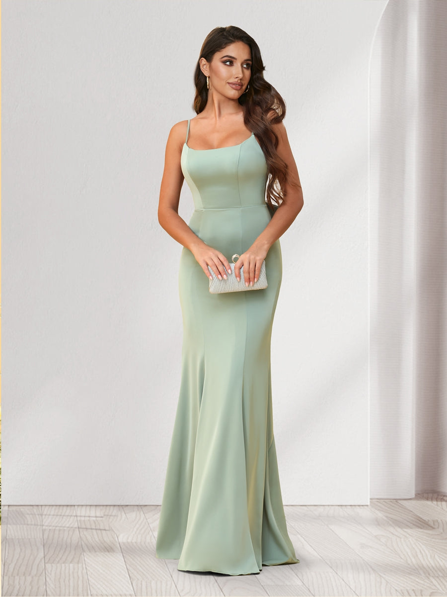 Trumpet Mermaid Spaghetti Straps Floor Length Bridesmaid Dresses With Bowknot Ruffles