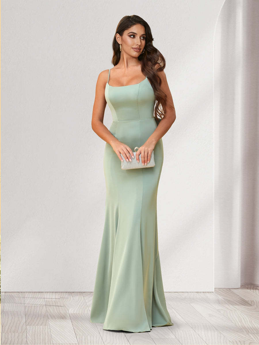 Trumpet Mermaid Spaghetti Straps Floor Length Bridesmaid Dresses With Bowknot Ruffles