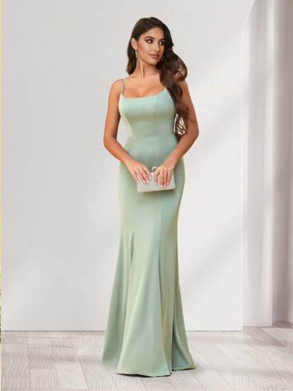 Trumpet Mermaid Spaghetti Straps Floor Length Bridesmaid Dresses With Bowknot Ruffles