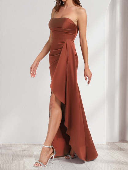 Trumpet Mermaid Strapless Floor Length Ruched Bridesmaid Dresses with Split Side