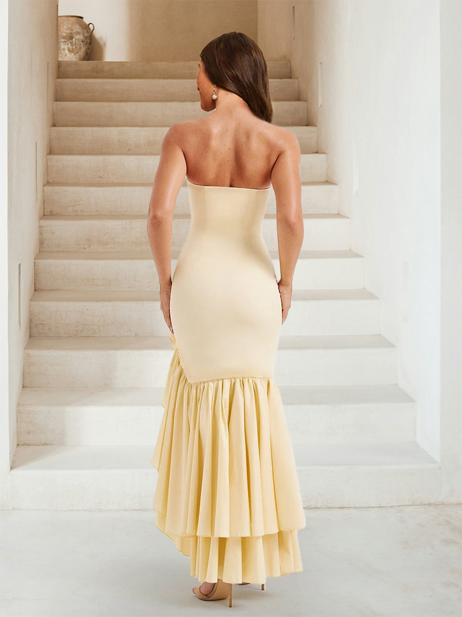 Trumpet Mermaid Strapless Ruffle Tiered Long Bridesmaid Dresses with Split Side