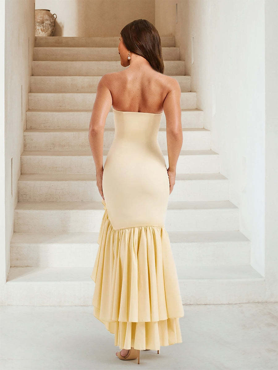 Trumpet Mermaid Strapless Ruffle Tiered Long Bridesmaid Dresses with Split Side