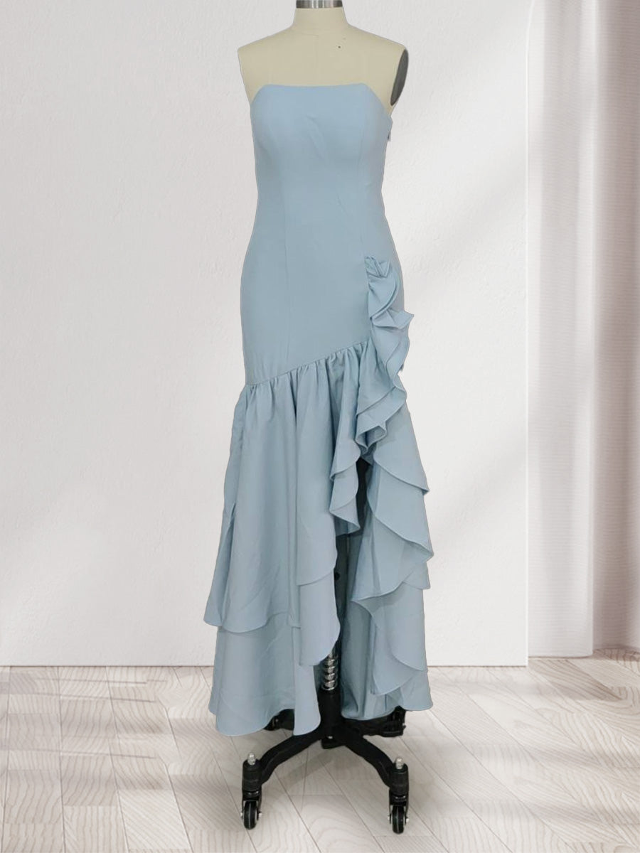 Trumpet Mermaid Strapless Ruffle Tiered Long Bridesmaid Dresses with Split Side