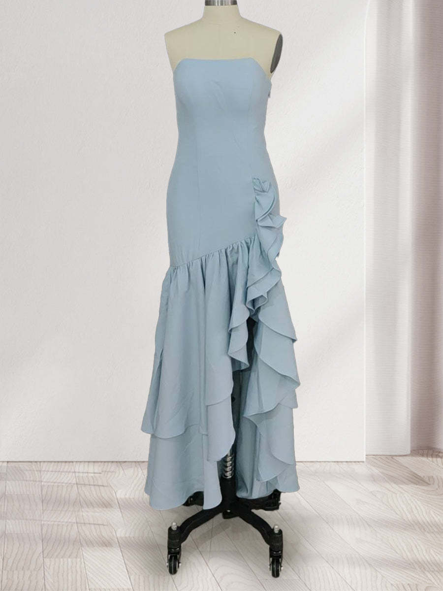 Trumpet Mermaid Strapless Ruffle Tiered Long Bridesmaid Dresses with Split Side