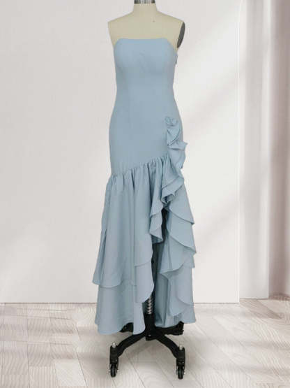 Trumpet Mermaid Strapless Ruffle Tiered Long Bridesmaid Dresses with Split Side
