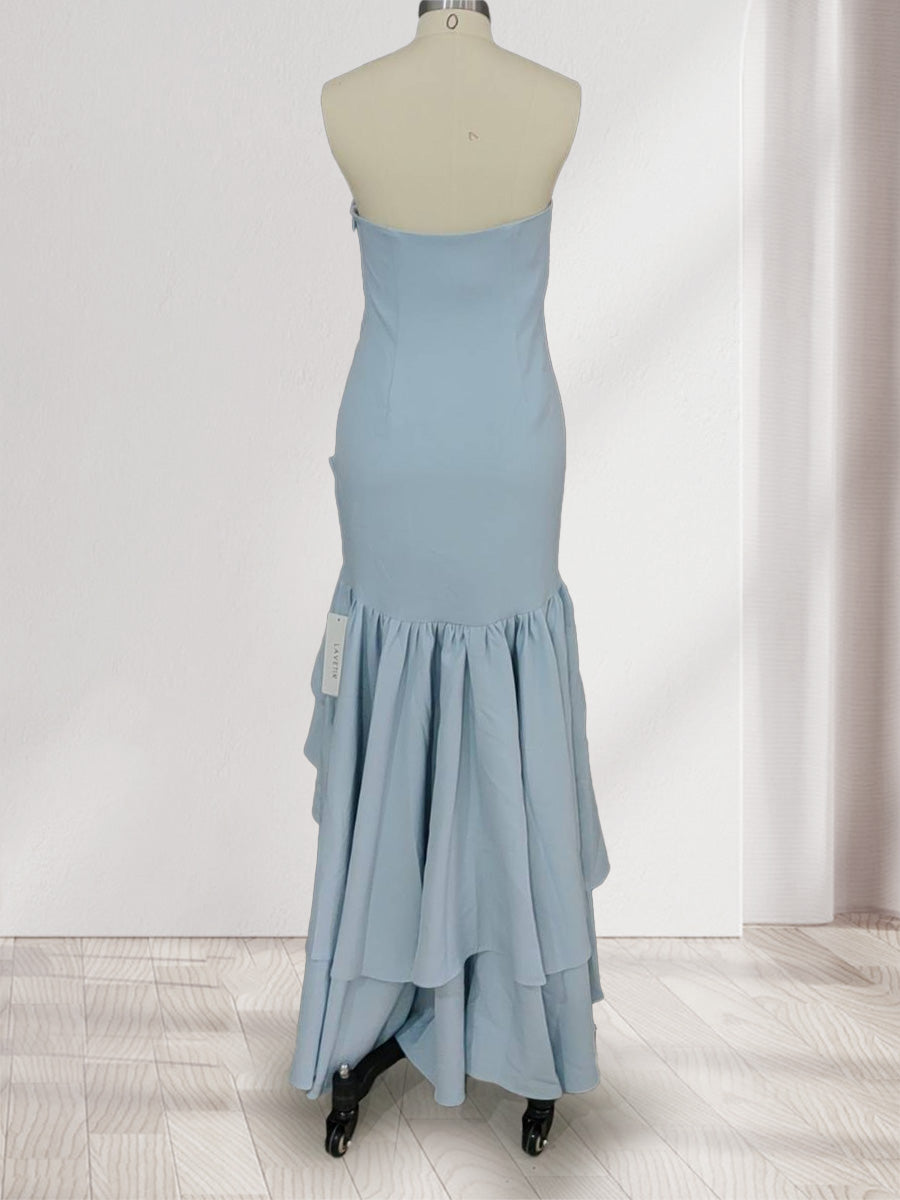 Trumpet Mermaid Strapless Ruffle Tiered Long Bridesmaid Dresses with Split Side