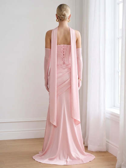 Trumpet Mermaid Strapless Sleeveless Floor Length Bridesmaid Dresses with Scarf Ruched