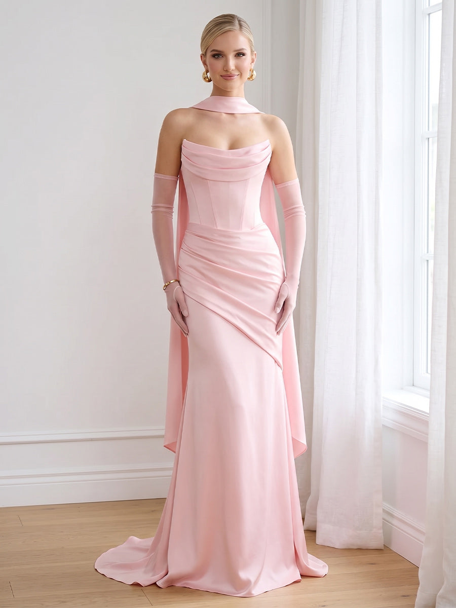 Trumpet Mermaid Strapless Sleeveless Floor Length Bridesmaid Dresses with Scarf Ruched