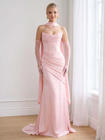 Trumpet Mermaid Strapless Sleeveless Floor Length Bridesmaid Dresses with Scarf Ruched