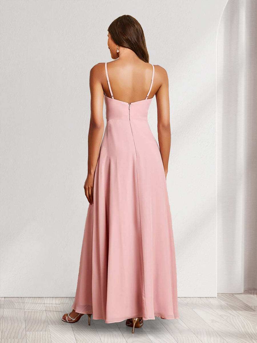 Trumpet Mermaid Straps V Neck Chiffon Bridesmaid Dresses with Ruffles Split Side