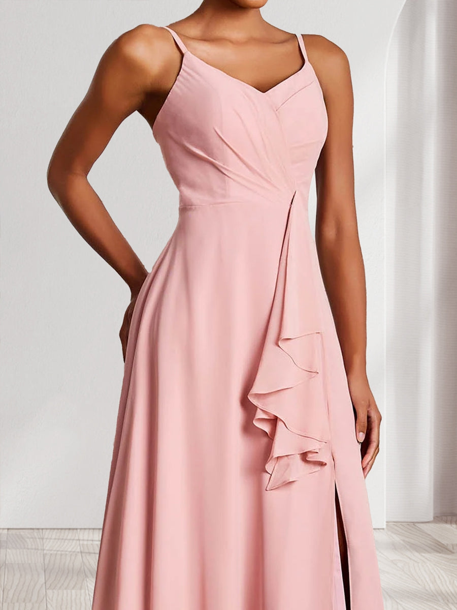 Trumpet Mermaid Straps V Neck Chiffon Bridesmaid Dresses with Ruffles Split Side