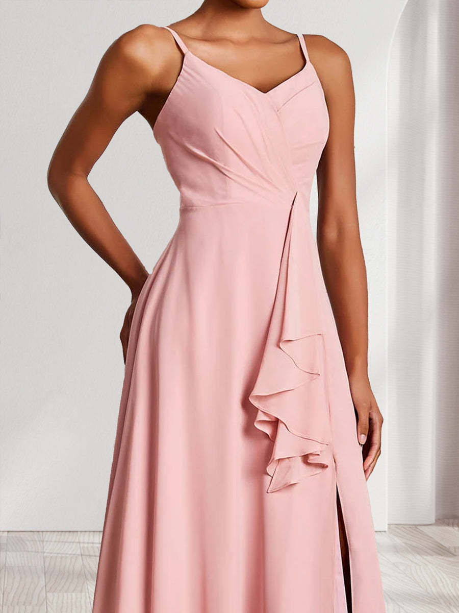 Trumpet Mermaid Straps V Neck Chiffon Bridesmaid Dresses with Ruffles Split Side