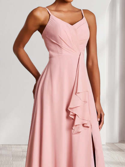 Trumpet Mermaid Straps V Neck Chiffon Bridesmaid Dresses with Ruffles Split Side