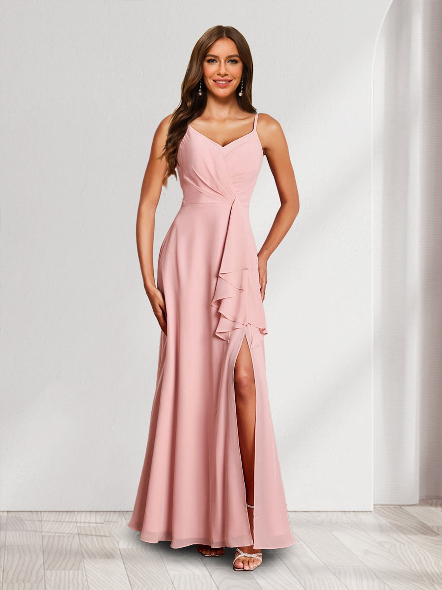 Trumpet Mermaid Straps V Neck Chiffon Bridesmaid Dresses with Ruffles Split Side