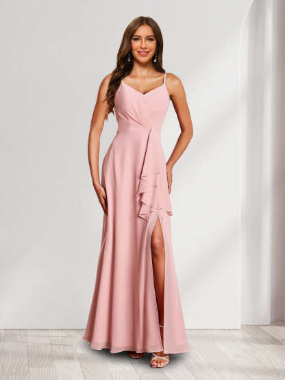 Trumpet Mermaid Straps V Neck Chiffon Bridesmaid Dresses with Ruffles Split Side