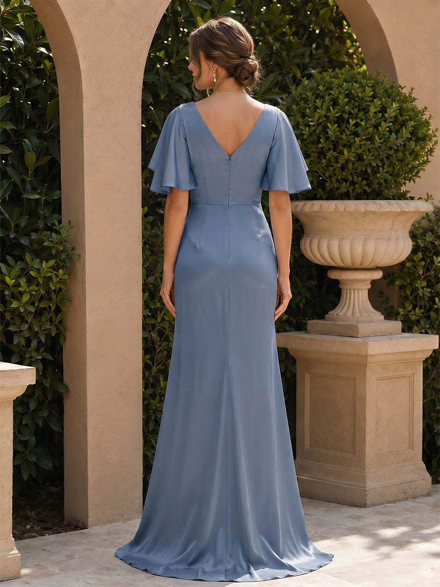 Trumpet Mermaid V Neck Short Sleeves Floor Length Bridesmaid Dresses with Split Side Ruffles