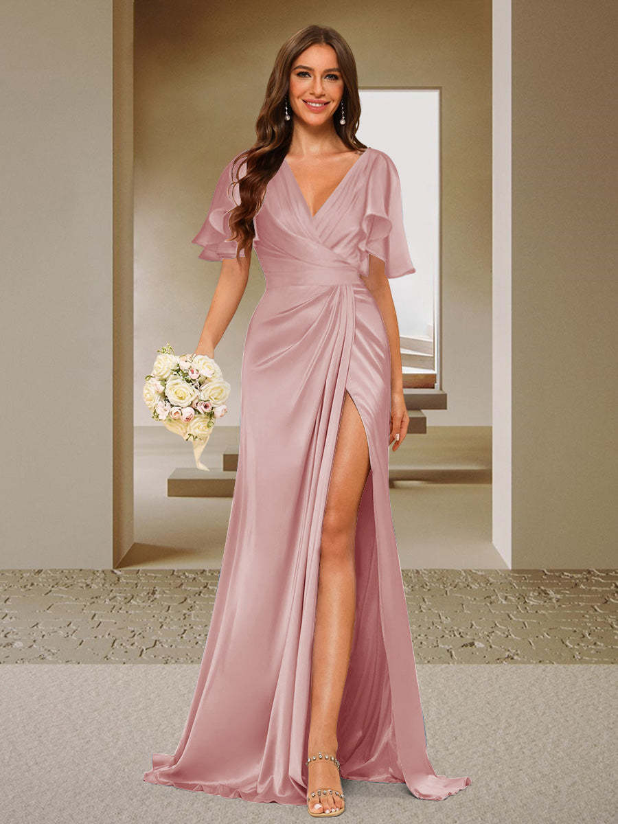 Trumpet Mermaid V Neck Short Sleeves Ruched Bridesmaid Dresses with Split Side Ruffles