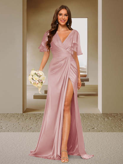 Trumpet Mermaid V Neck Short Sleeves Ruched Bridesmaid Dresses with Split Side Ruffles
