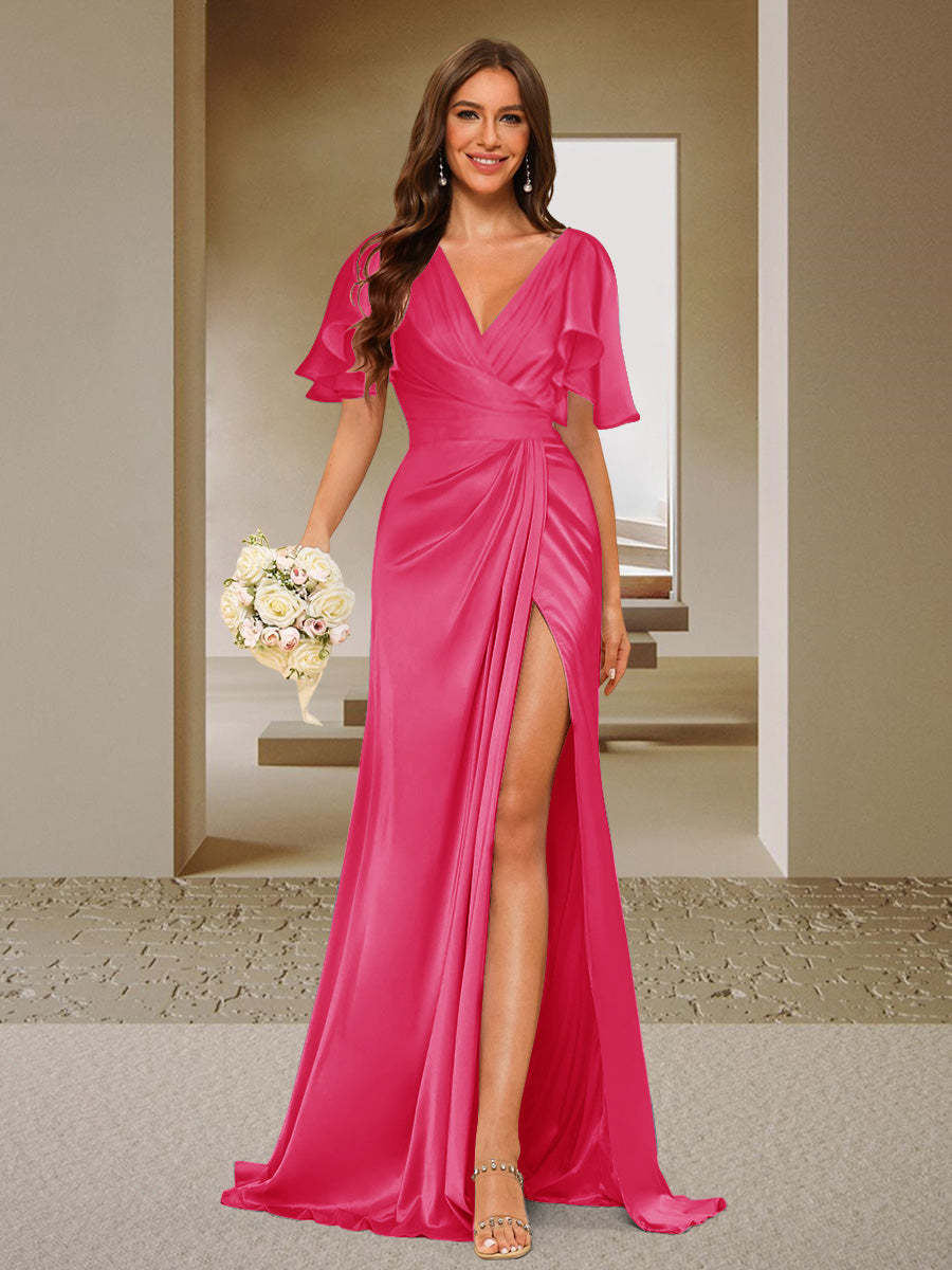 Trumpet Mermaid V Neck Short Sleeves Ruched Bridesmaid Dresses with Split Side Ruffles
