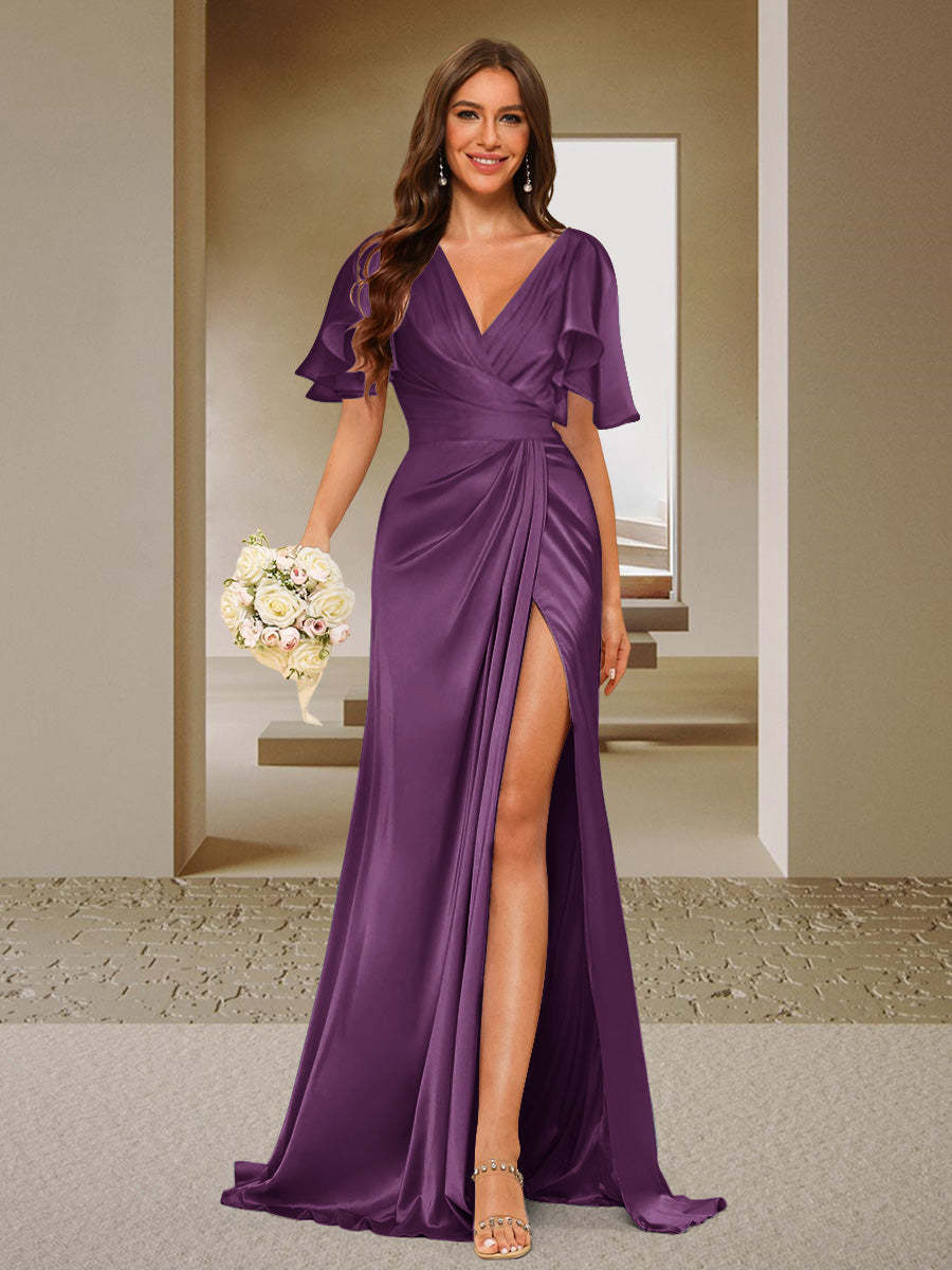 Trumpet Mermaid V Neck Short Sleeves Ruched Bridesmaid Dresses with Split Side Ruffles