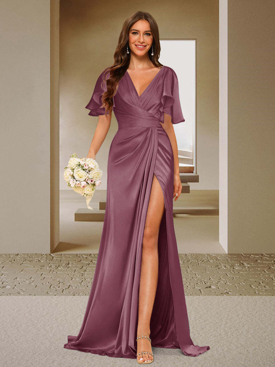 Trumpet Mermaid V Neck Short Sleeves Ruched Bridesmaid Dresses with Split Side Ruffles