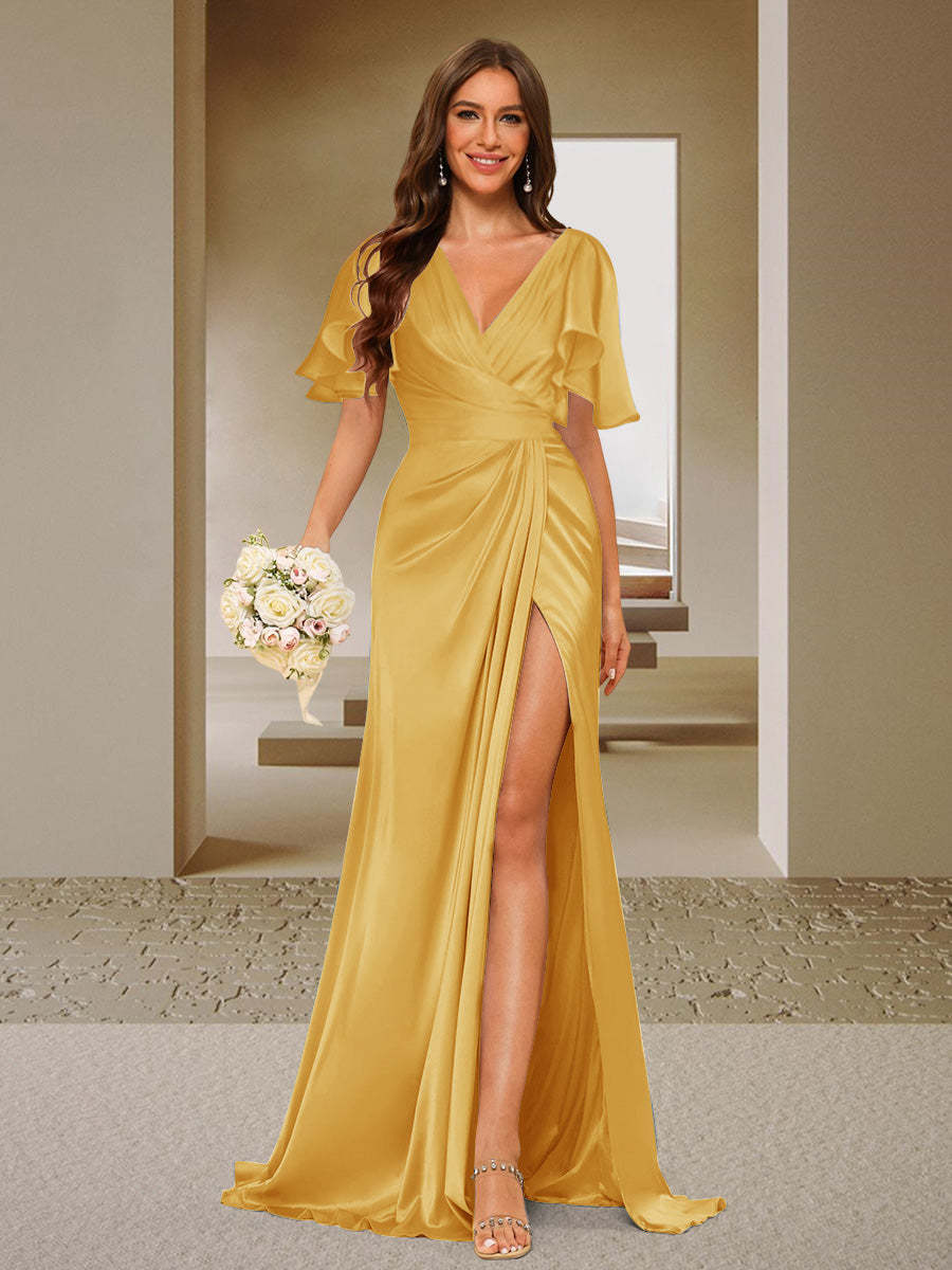 Trumpet Mermaid V Neck Short Sleeves Ruched Bridesmaid Dresses with Split Side Ruffles