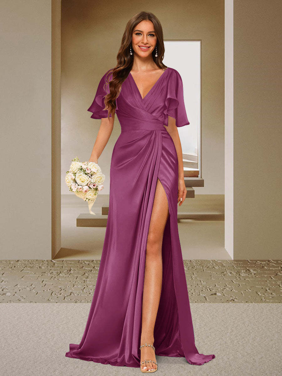 Trumpet Mermaid V Neck Short Sleeves Ruched Bridesmaid Dresses with Split Side Ruffles