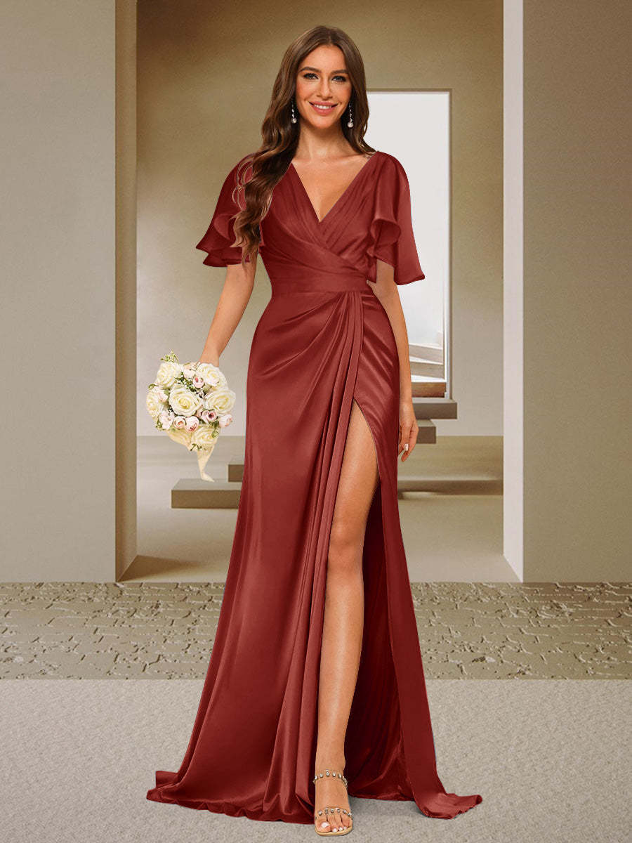Trumpet Mermaid V Neck Short Sleeves Ruched Bridesmaid Dresses with Split Side Ruffles