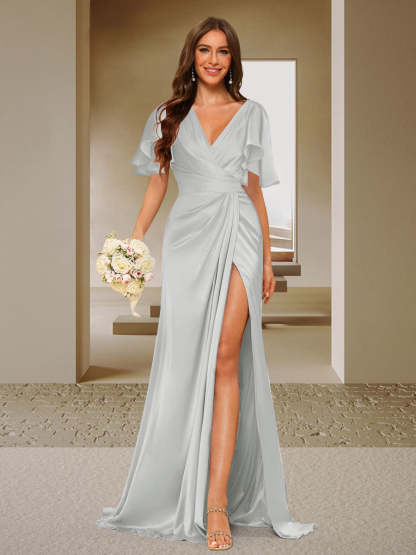 Trumpet Mermaid V Neck Short Sleeves Ruched Bridesmaid Dresses with Split Side Ruffles
