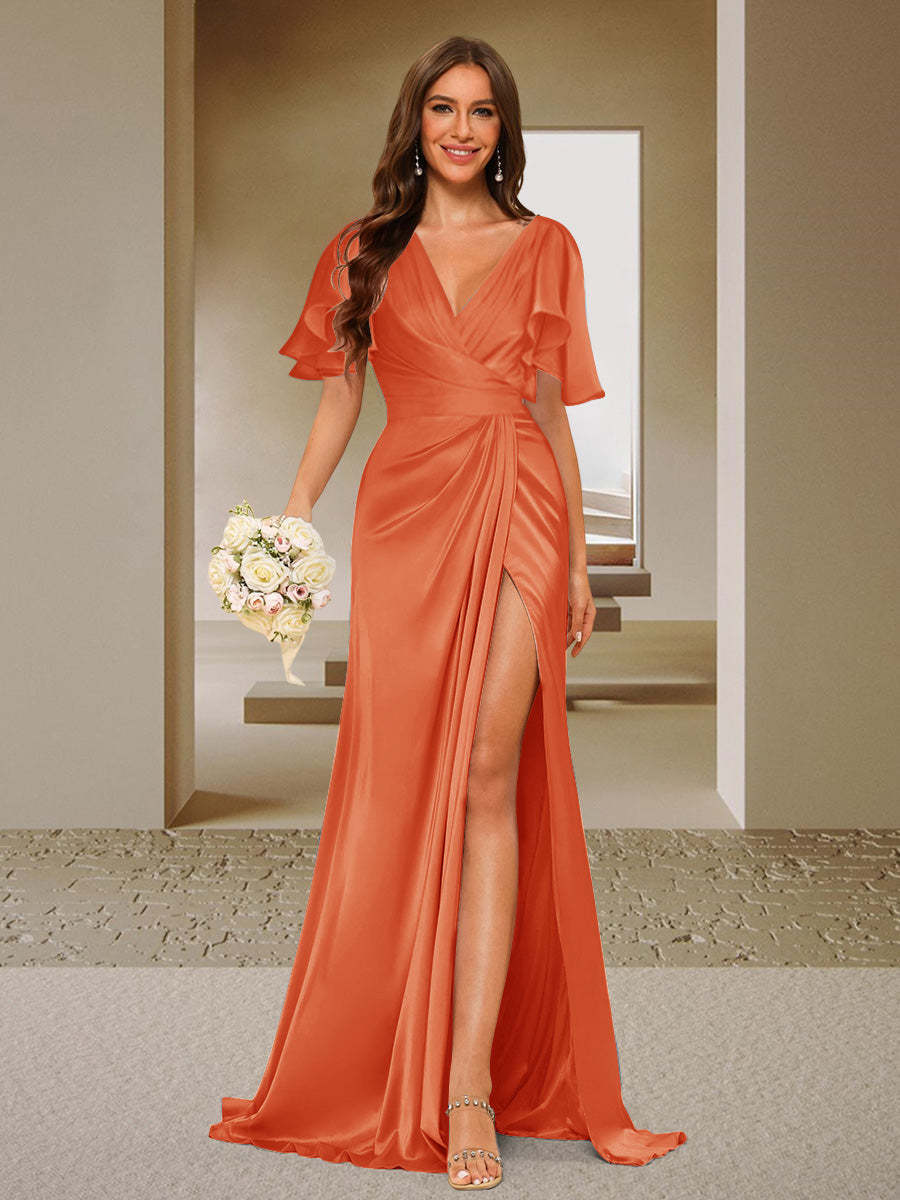 Trumpet Mermaid V Neck Short Sleeves Ruched Bridesmaid Dresses with Split Side Ruffles