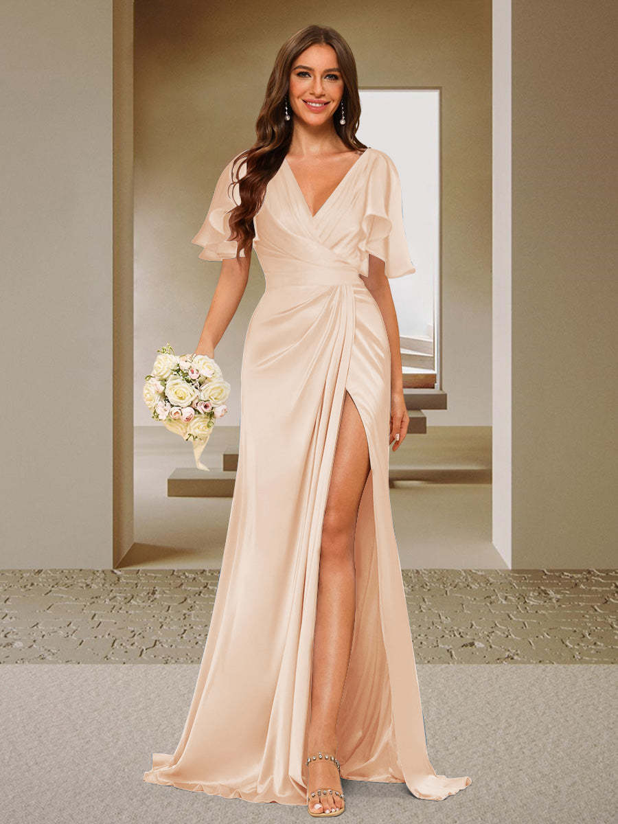 Trumpet Mermaid V Neck Short Sleeves Ruched Bridesmaid Dresses with Split Side Ruffles