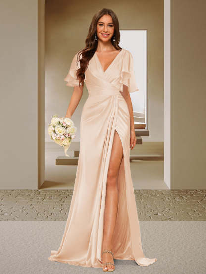 Trumpet Mermaid V Neck Short Sleeves Ruched Bridesmaid Dresses with Split Side Ruffles