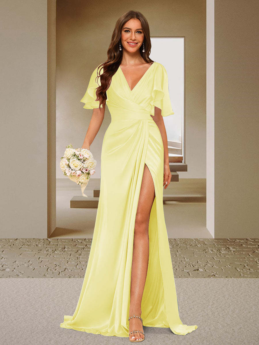Trumpet Mermaid V Neck Short Sleeves Ruched Bridesmaid Dresses with Split Side Ruffles