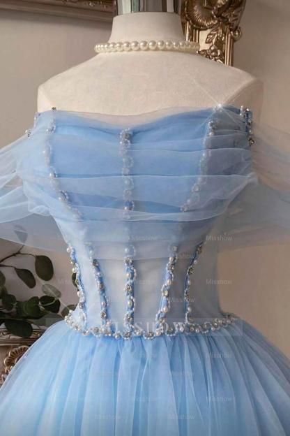 Tulle Off The Shoulder Sleeveless Short A Line Formal Dress With Beading