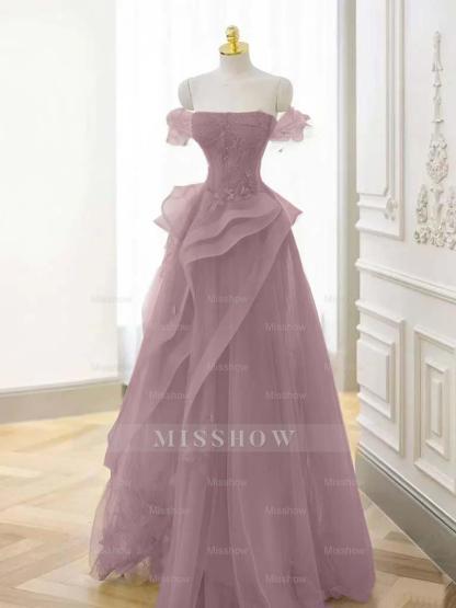 Tulle Off the Shoulder Sleeveless Long Formal Dress With Appliques