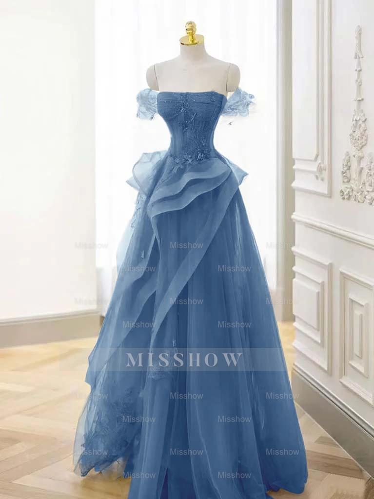 Tulle Off the Shoulder Sleeveless Long Formal Dress With Appliques