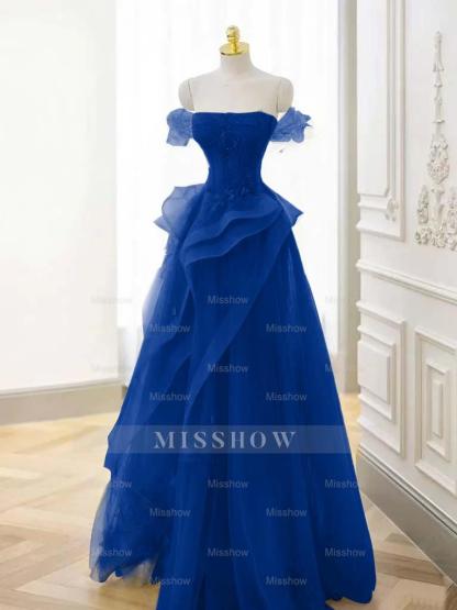 Tulle Off the Shoulder Sleeveless Long Formal Dress With Appliques
