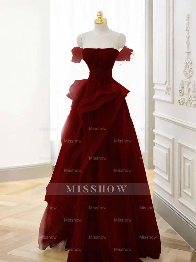 Tulle Off the Shoulder Sleeveless Long Formal Dress With Appliques