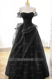 Tulle Off the Shoulder Sleeveless Long Formal Dress With Appliques